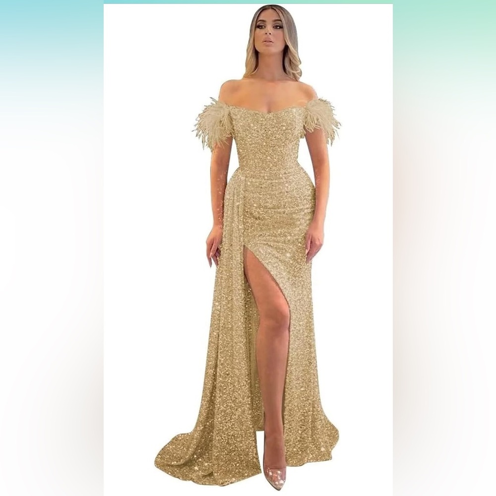 Beautiful champagne sequin formal with pleated side train!